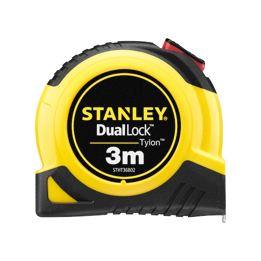 STANLEY STHT36802-0 DualLock Tylon 3m meetlint, geel en zwart, frontale foto.