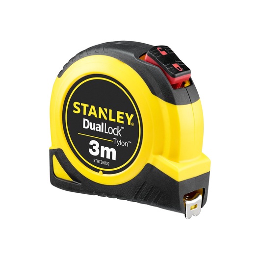 STANLEY STHT36802-0 DualLock Tylon 3m meetlint, geel en zwart, vooraanzicht onder hoek.