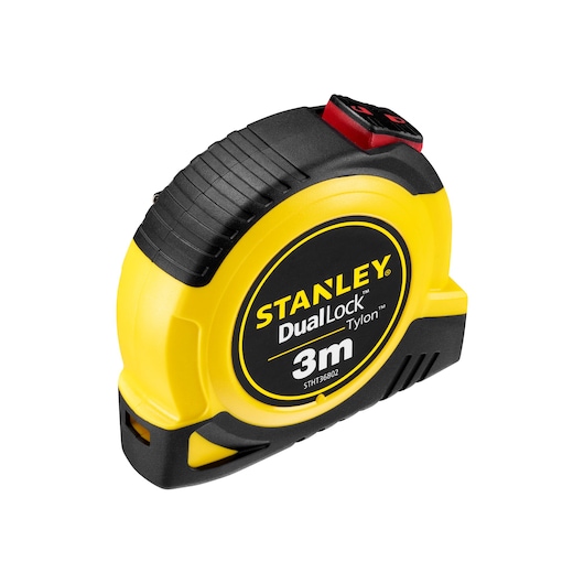 Stanley STHT36802-0 rolmaat, DualLock Tylon, 3m, geel en zwart, hoekaanzicht, fotografie.