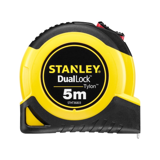 STANLEY STHT36803-0 DualLock Tylon 5m geel-zwarte rolmaat, voorkant op witte achtergrond.