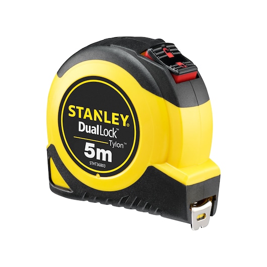 STANLEY STHT36803-0 DualLock Tylon 5m rolmaat, geel en zwart, vooraanzicht rechts op witte achtergrond.