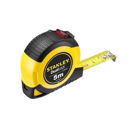 STANLEY STHT36803-0 DualLock 5m rolmaat, geel en zwart, schuine aanzicht op witte achtergrond.