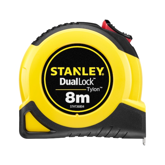 STANLEY STHT36804-0 rolmaat, DualLock Tylon, 8m, geel en zwart, vooraanzicht, fotografie.