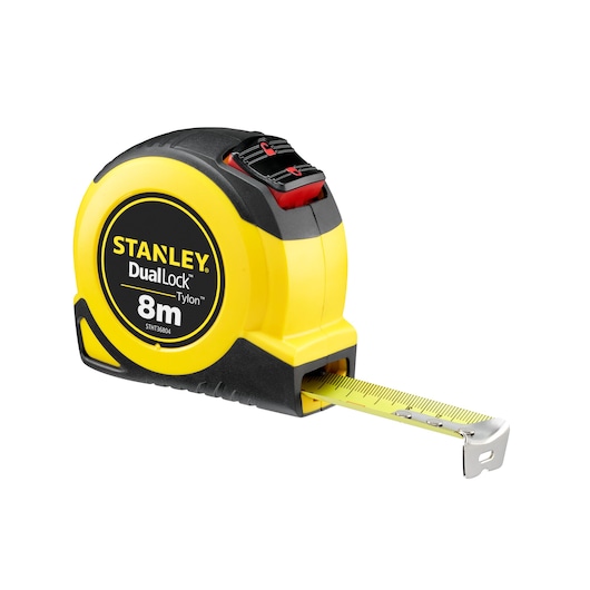 Foto van STANLEY STHT36804-0 DualLock Tylon 8m rolmaat, geel en zwart, zijaanzicht op witte achtergrond.