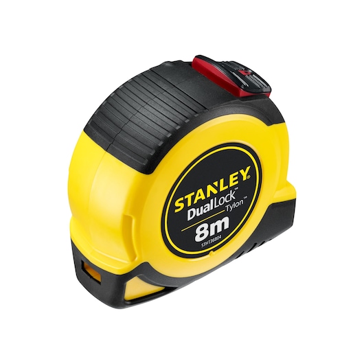 STANLEY STHT36804-0 geel-zwart DualLock 8m rolmaat, frontaal schuin op witte achtergrond.