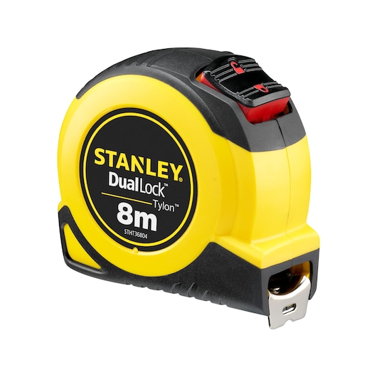 STANLEY STHT36804-0 rolmaat, geel en zwart, DualLock Tylon, 8m, vooraanzicht op witte achtergrond.