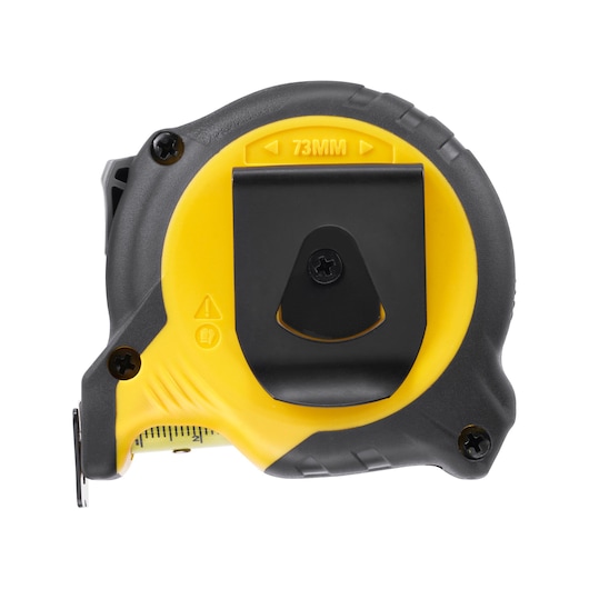 STANLEY STHT37231-0 rolmaat, zwart en geel, riemclip zichtbaar, zijaanzicht product, witte achtergrond.