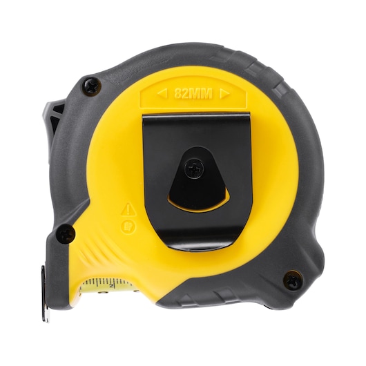 STANLEY STHT37232-0 rolmaat met geel-zwart omhulsel, riemclip, achteraanzicht, productfoto.