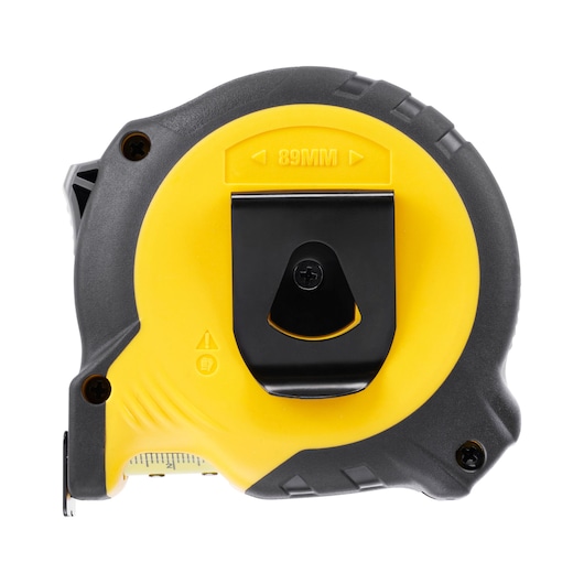 STANLEY STHT37233-0 rolmaat, geel met zwarte behuizing, achterkant met riemclip, product op witte achtergrond.