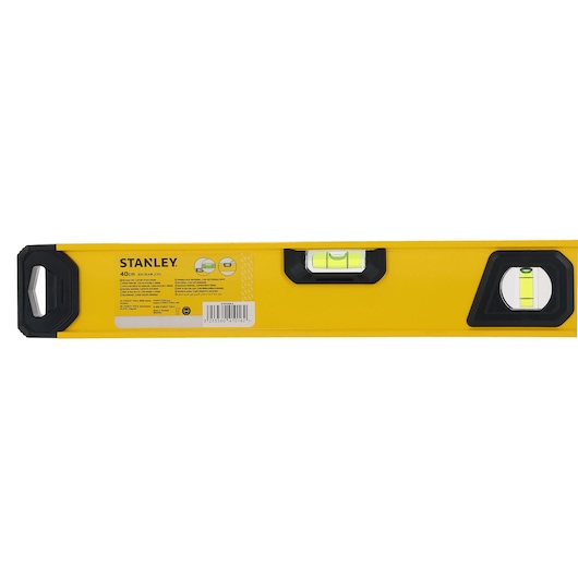 Close-up van een gele STANLEY box beam waterpas met duidelijke horizontale en verticale libellen en zwarte eindkappen. Het label vermeldt een lengte van 40 cm.