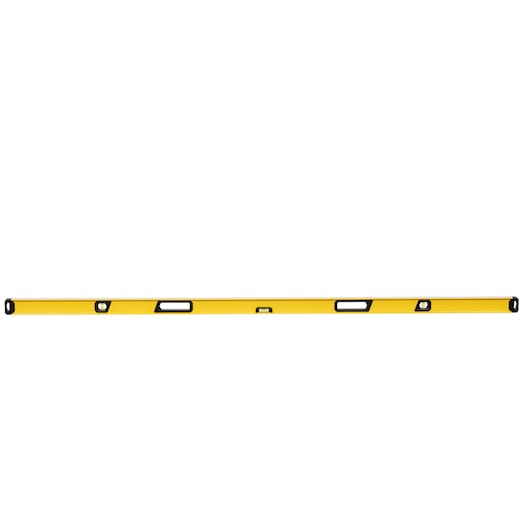 Een lange, gele waterpas met meerdere handgrepen en buislibellen, gebruikt voor het controleren van horizontale en verticale uitlijning.