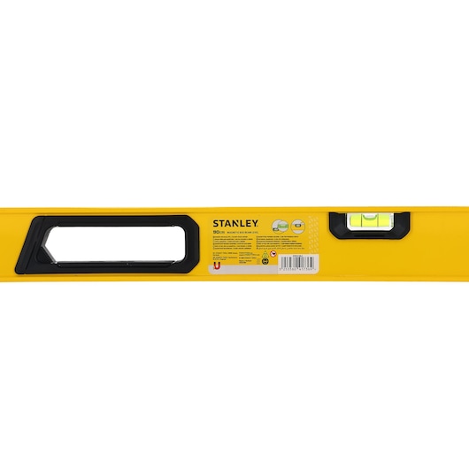Close-up afbeelding van een gele STANLEY magnetische waterpas van 90 cm lang, met een duidelijke horizontale libel, handgreep en productlabel in het midden.