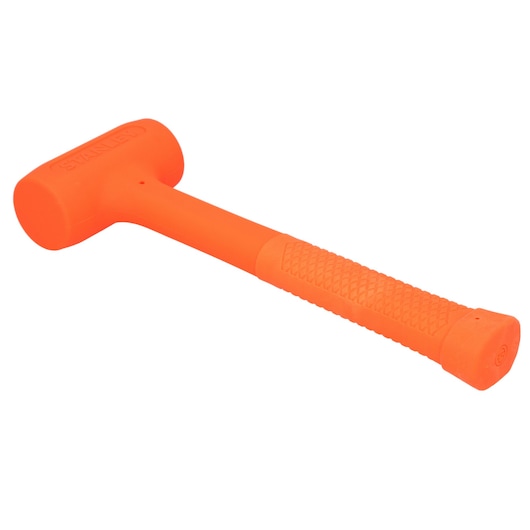 Stanley STHT57531-0 oranje stootvrije hamer, zijaanzicht, getextureerde handgreep, op witte achtergrond.