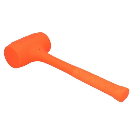 STANLEY STHT57534-0 oranje terugslagvrije hamer met getextureerde greep, hoekaanzicht op witte achtergrond.