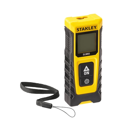 Télémètre laser STANLEY STHT77065-0, noir et jaune, vue de face avec écran, boutons et dragonne.