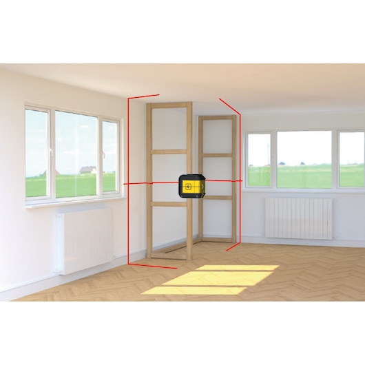 STANLEY STHT77502-1 laser waterpas projecteert rode lijnen in kamer, gemonteerd op houten frame, fotografie.
