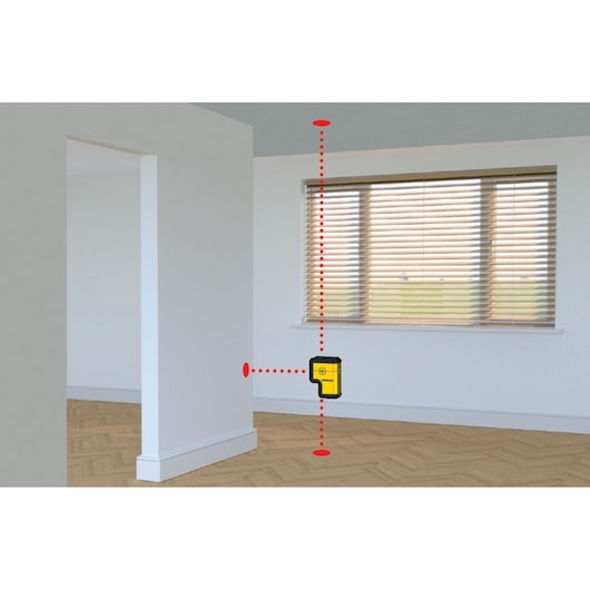 STANLEY STHT77503-1 laser waterpas gereedschap projecteert verticale en horizontale lijnen in een moderne kamer.
