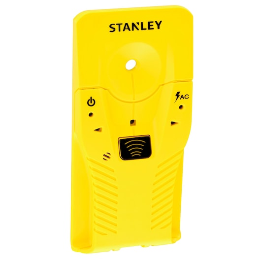 Foto van STANLEY STHT77587-0 gele leidingzoeker met aan/uit- en AC-detectieknoppen, op witte achtergrond.