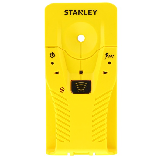 STANLEY STHT77587-0 gele balkzoeker, vooraanzicht met zichtbare knoppen en symbolen.