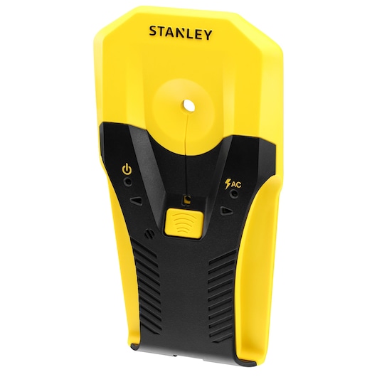STANLEY STHT77588-0 gele en zwarte leidingzoeker, handmodel, vooraanzicht, met stroom- en AC-indicatoren.