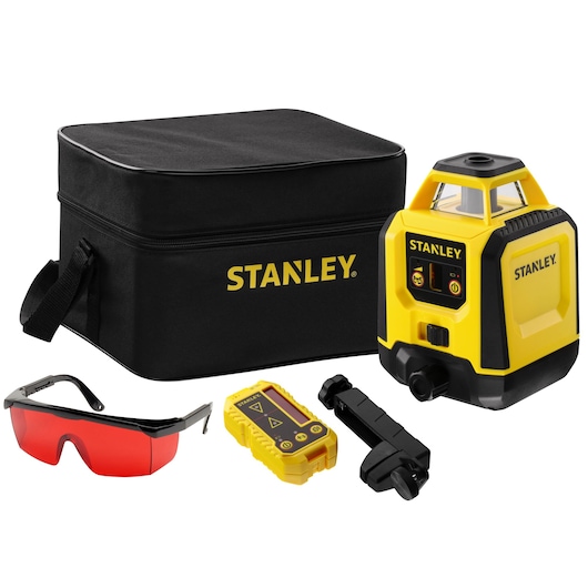 Photographie du kit niveau laser rotatif STANLEY STHT77616-0 avec étui, lunettes rouges, détecteur et support.