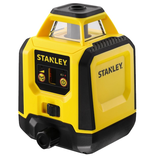 STANLEY STHT77616-0 niveau laser rotatif jaune et noir, vue de face en angle, commandes visibles, design robuste.
