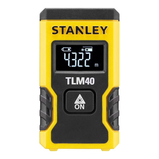 STANLEY STHT77666-0 télémètre laser vue de face avec écran numérique et boîtier jaune-noir.