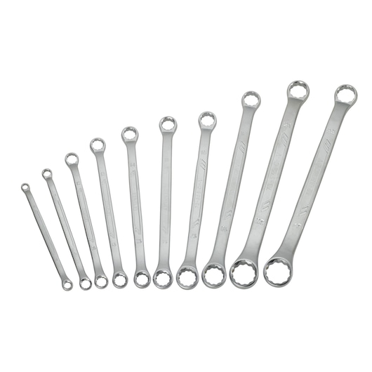 STANLEY STMT1-74177 ringsleutelset, 10-delig, zilverkleurig metaal, gesorteerd op grootte, bovenaanzicht.