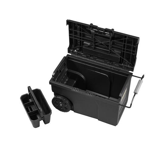STANLEY STST1-70715 zwarte gereedschapskist met wielen, open deksel en uitneembare lade, frontaal beeld.