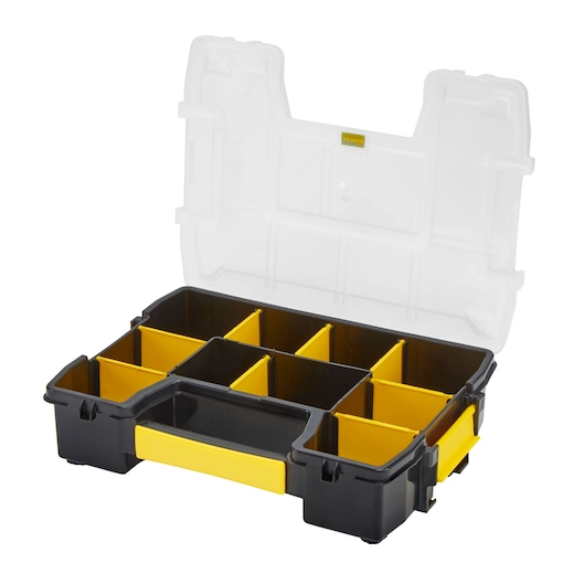 Boîte organisatrice STANLEY STST1-70720 avec poignée jaune et compartiments, couvercle ouvert, angle avant.