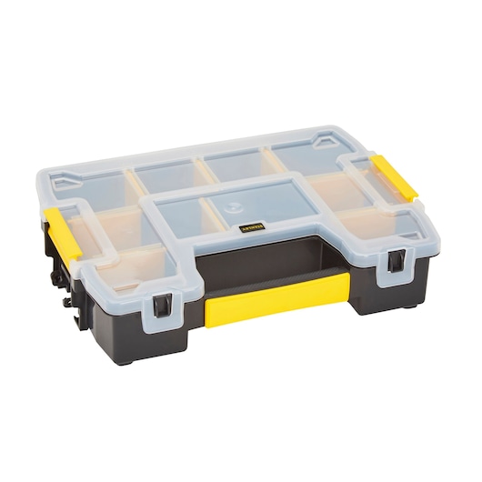 STANLEY STST1-70720 boîte organisatrice avec couvercle transparent, plusieurs compartiments, poignée jaune, vue de face en angle.