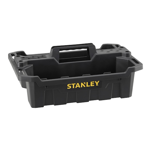Photo du panier à outils noir STANLEY STST1-72359 avec poignée centrale, dessus ouvert et logo jaune STANLEY, vue de face.