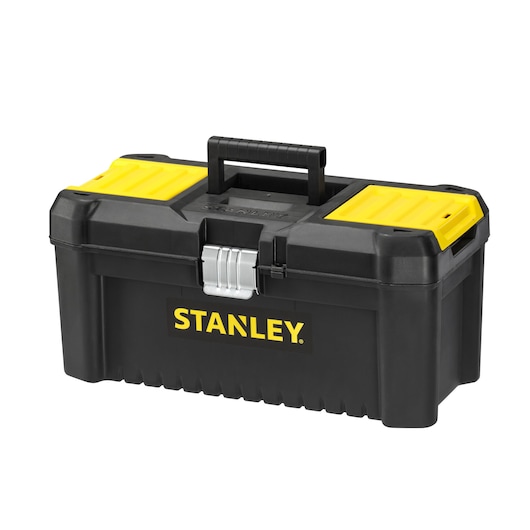 Photo de la boîte à outils en plastique noire et jaune STANLEY STST1-75518-KR avec poignée, vue de face.