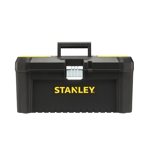 STANLEY STST1-75518-KR boîte à outils noire avec logo jaune, angle avant, loquet métallique, photographie.