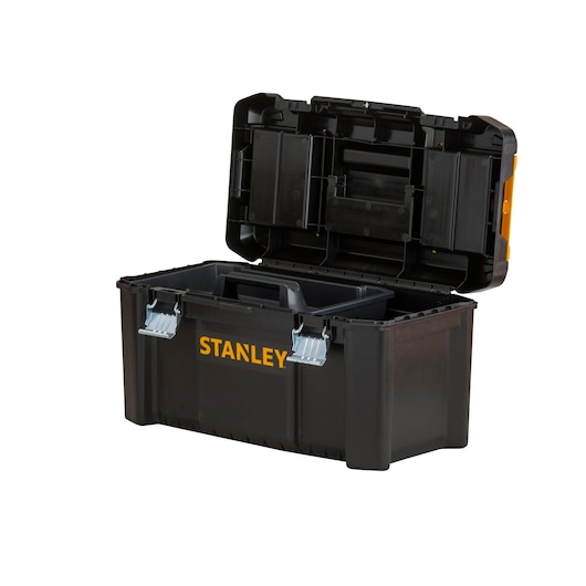 STANLEY STST1-75521 zwarte gereedschapskist met open deksel en binnenschaal, foto van voren.