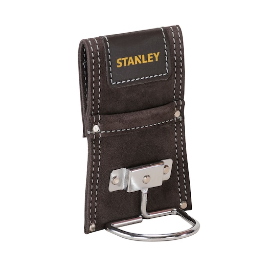 STANLEY STST1-80117 porte-marteau en cuir marron, support métallique argenté, photographie de face.