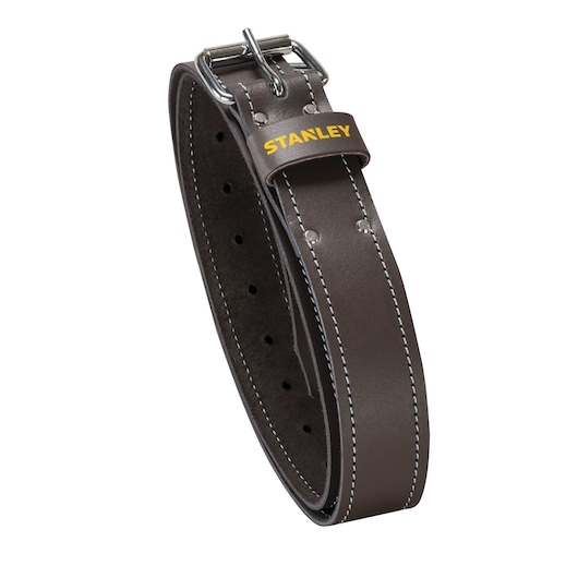 STANLEY STST1-80119 bruine leren riem met zilveren gesp, productfoto op witte achtergrond.
