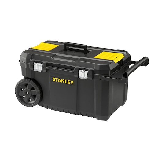 STANLEY STST1-80150 boîte à outils roulante noire avec compartiments jaunes, poignée latérale, roues, vue avant.