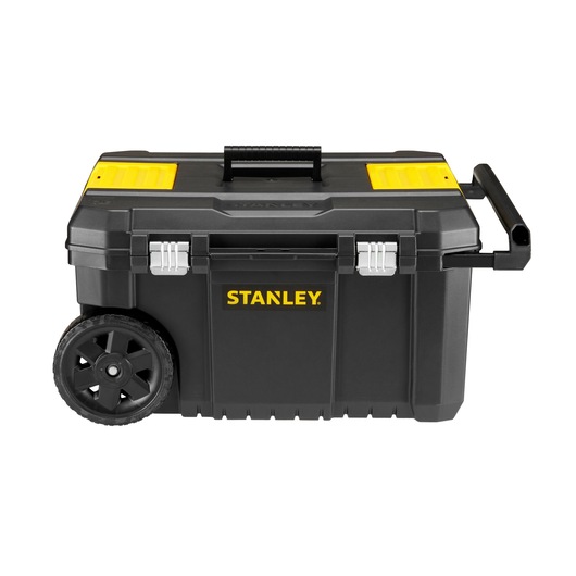 STANLEY STST1-80150 boîte à outils noire à roulettes avec accents jaunes, vue de face sur fond blanc.