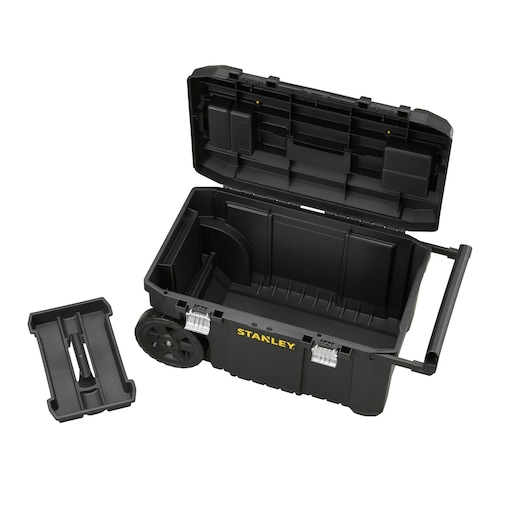 STANLEY STST1-80150 boîte à outils noire sur roues avec couvercle ouvert, plateau amovible et attaches métalliques, vue de face.