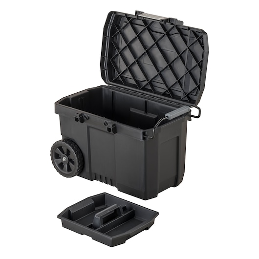 STANLEY STST33090-1 verrijdbare gereedschapskist, zwart plastic, open deksel, uitneembaar bakje, zijaanzicht foto.