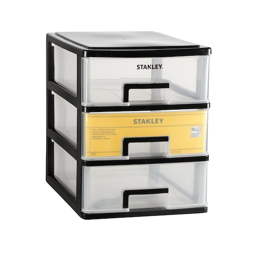 STANLEY STST40710-1 unité de rangement à trois tiroirs, plastique noir et transparent, photo produit, angle avant.