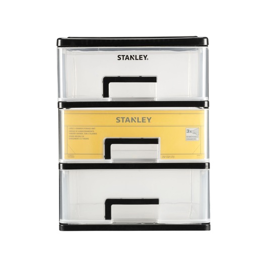 Unité de rangement STANLEY STST40710-1 avec trois tiroirs en plastique transparent et cadre noir, vue de face sur fond blanc.
