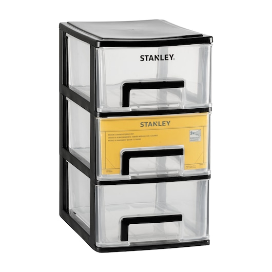 STANLEY STST40711-1 unité de rangement moyenne avec 3 tiroirs transparents, cadre noir, photo de face.