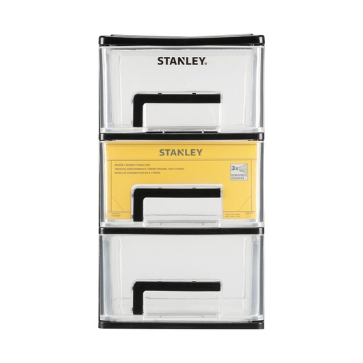 STANLEY STST40711-1 unité de tiroirs de rangement moyens, plastique transparent, bord noir, vue de face.