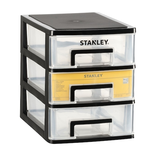 STANLEY STST40712-1 meuble de rangement en plastique à trois tiroirs, cadre noir avec tiroirs transparents, vue en angle.