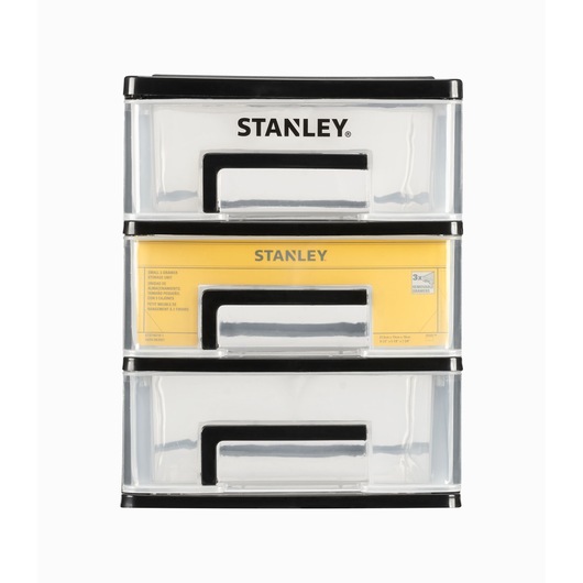 STANLEY STST40712-1 armoire de rangement à 3 tiroirs en plastique transparent, bordure noire, vue de face, photo produit.