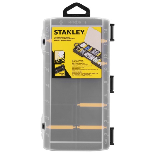 STANLEY STST81679-1 organisateur à 10 compartiments, boîtier plastique transparent, vue de face, fond blanc.