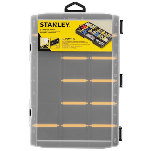 STANLEY STST81680-1 boîte organisatrice à 17 compartiments, couvercle transparent, noir et jaune, photo vue du dessus.