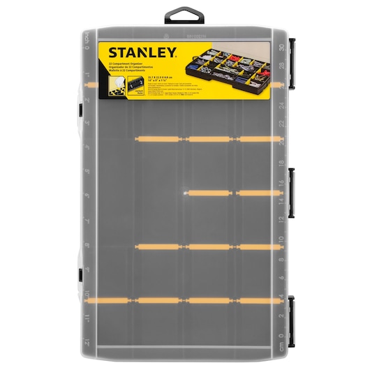 STANLEY STST81681-1 boîte organisatrice en plastique à 22 compartiments, couvercle transparent, vue de dessus, rangement pour outils.